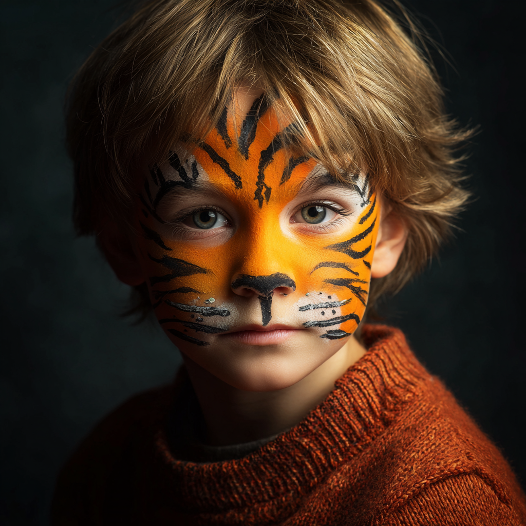 Tiger Makeup: Child with tiger face paint and stripes.