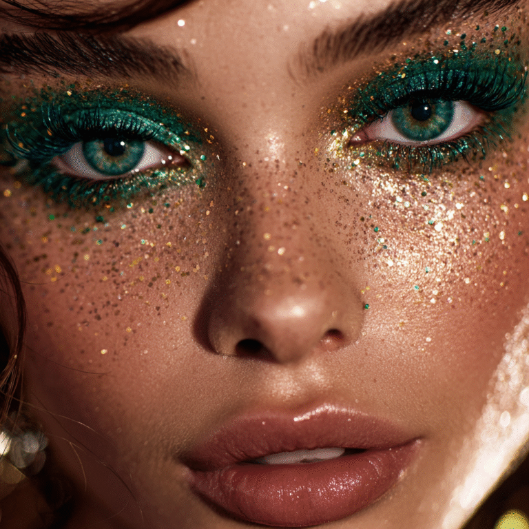 Glamorous New Year's Eve makeup on a woman's face.