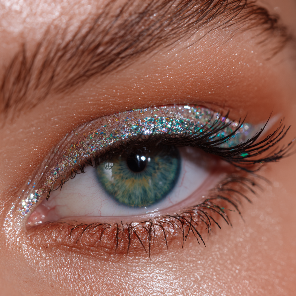 Inner eye embellished with glitter for New Years Eve makeup.
