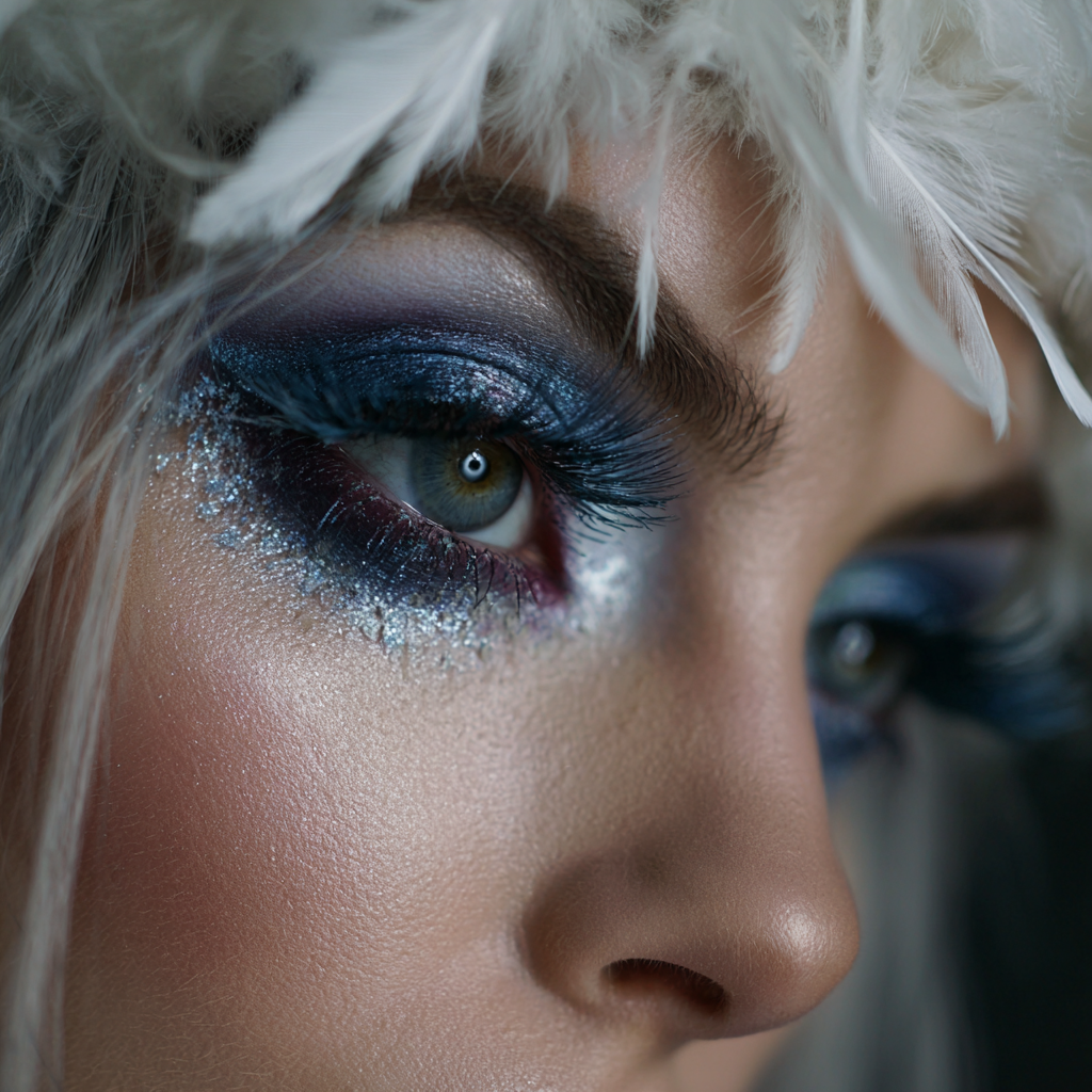 Winter makeup with bold brows and frosty eye shadow.