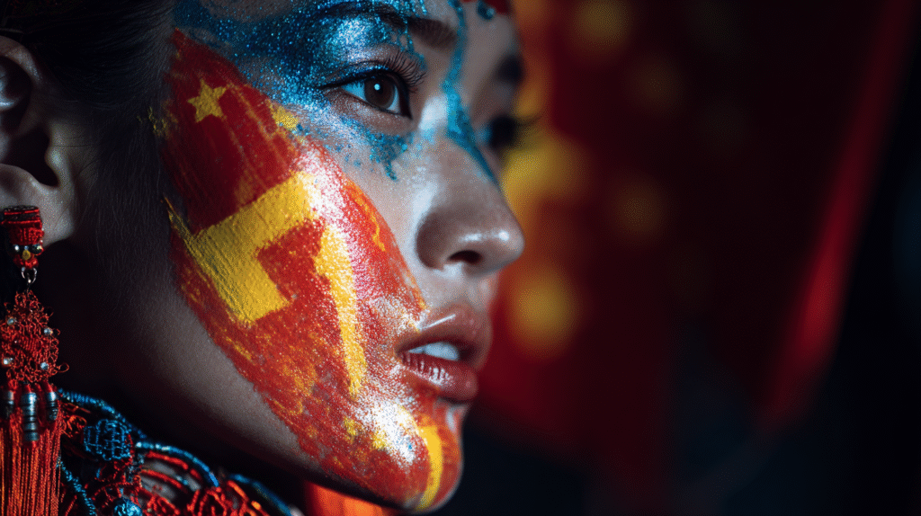 Woman with glowing skin and Chinese patriotic makeup National Holiday.