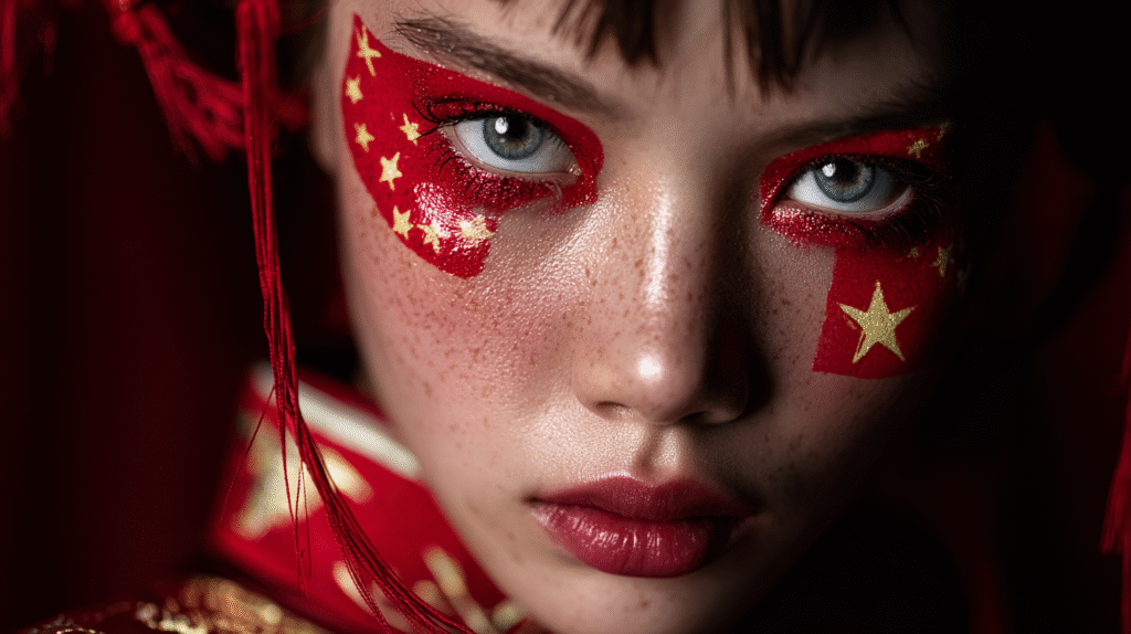 Woman with glowing skin and Chinese patriotic makeup National Holiday.