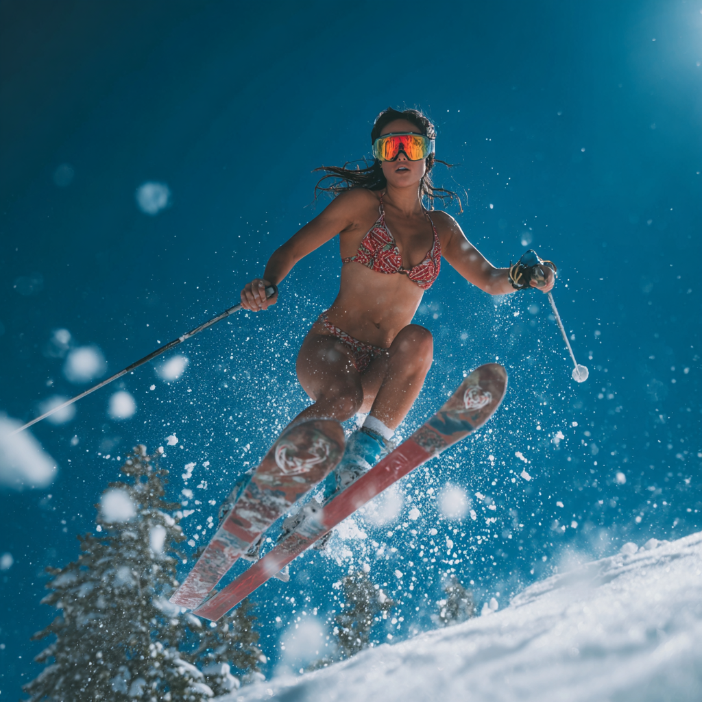 Snow Bunny skying in bikini