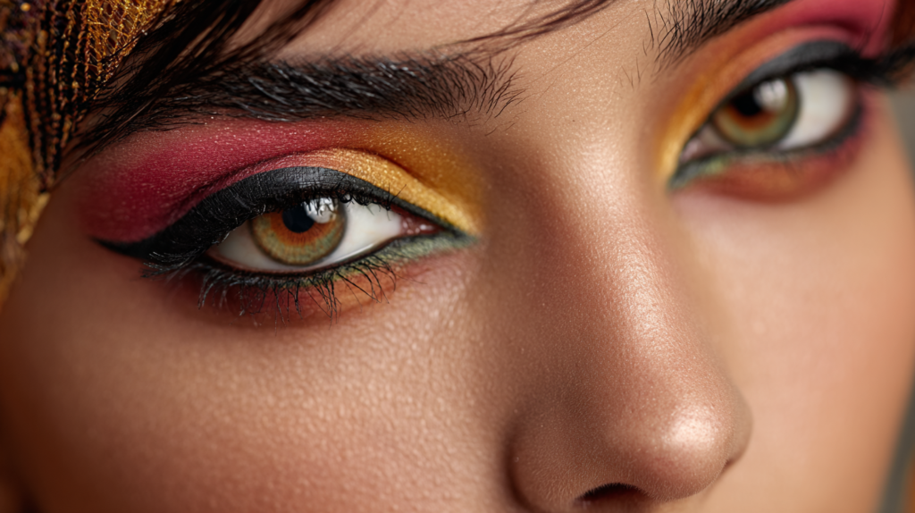 Spanish eye makeup with smoky shadow and winged liner.