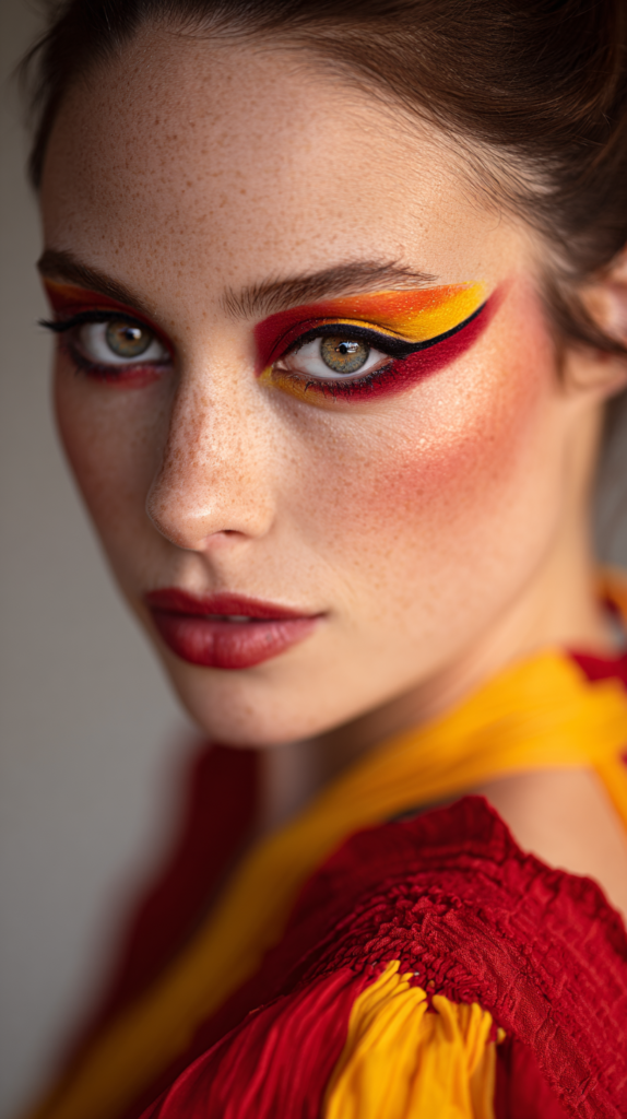 A Spaniard woman with colors eyes wearing a Spanish flag color makeup with smoky shadow and winged liner. Full body shot wearing a dress