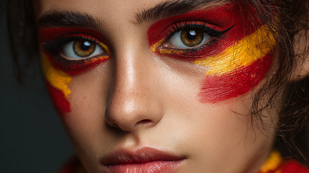 A Spaniard woman with colors eyes wearing a Spanish flag color makeup with smoky shadow and winged liner.