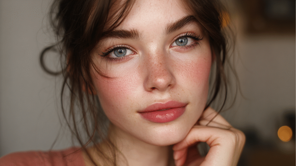 Effortless French girl makeup look with glowing skin.