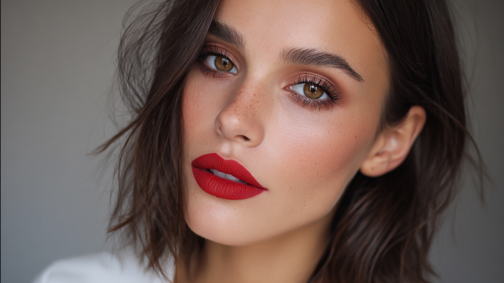 Italian Woman with radiant skin, smoky eyes, and bold red lips.