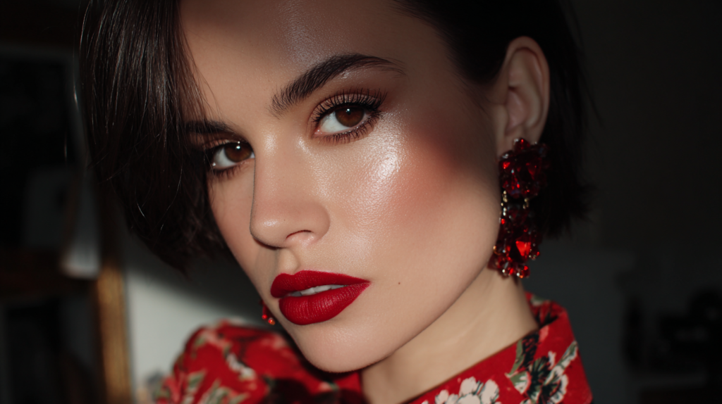 Italian Woman with radiant skin, smoky eyes, and bold red lips.
