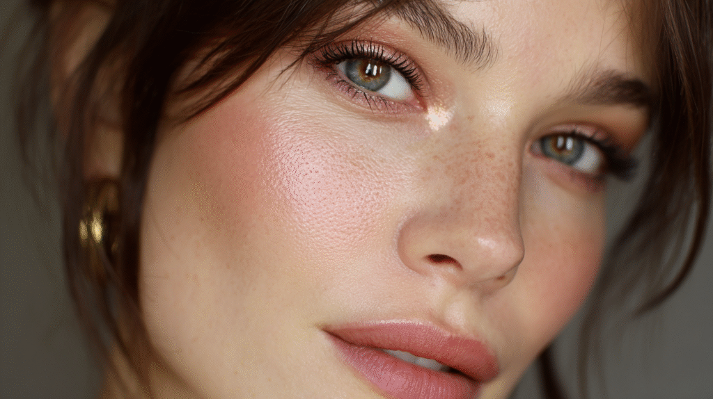 Soft glam German makeup look with dewy skin.