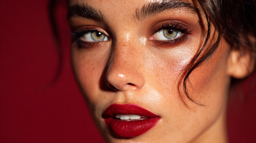 Woman with radiant skin, smoky eyes, and bold red lips. Rocking an Italian Makeup Look.