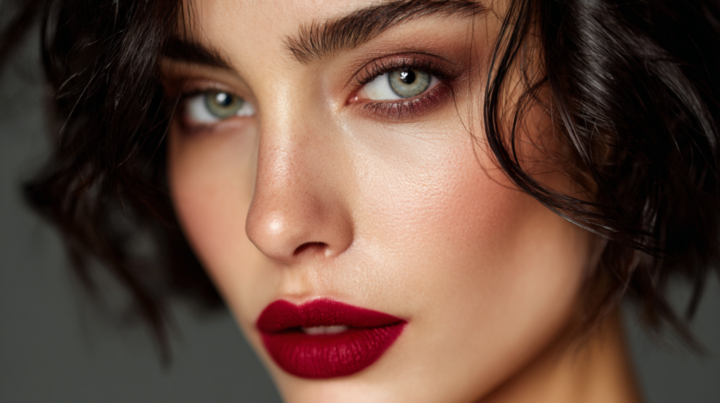 Woman with radiant skin, smoky eyes, and bold red lips.