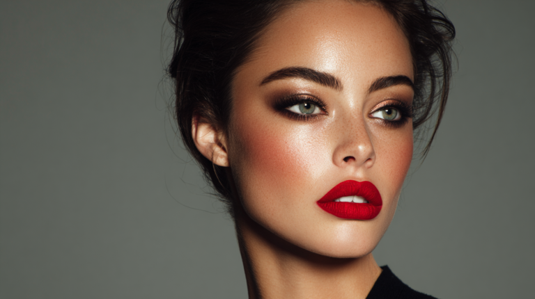 Woman with radiant skin, smoky eyes, and bold red lips.