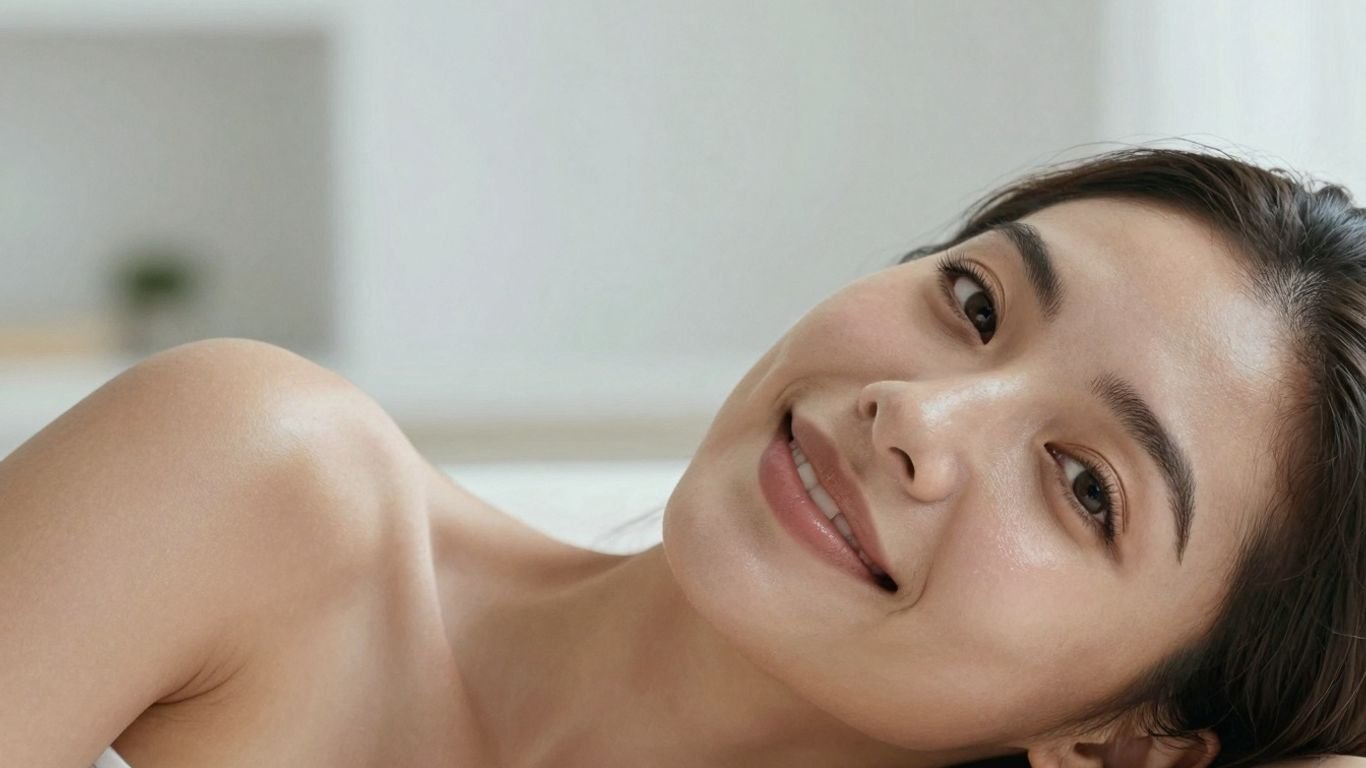 Woman with bright, glowing skin in natural light.