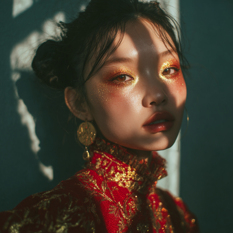 A beautiful 18 year old Chinese woman with Mooncake makeup with golden and red eyeshadows.