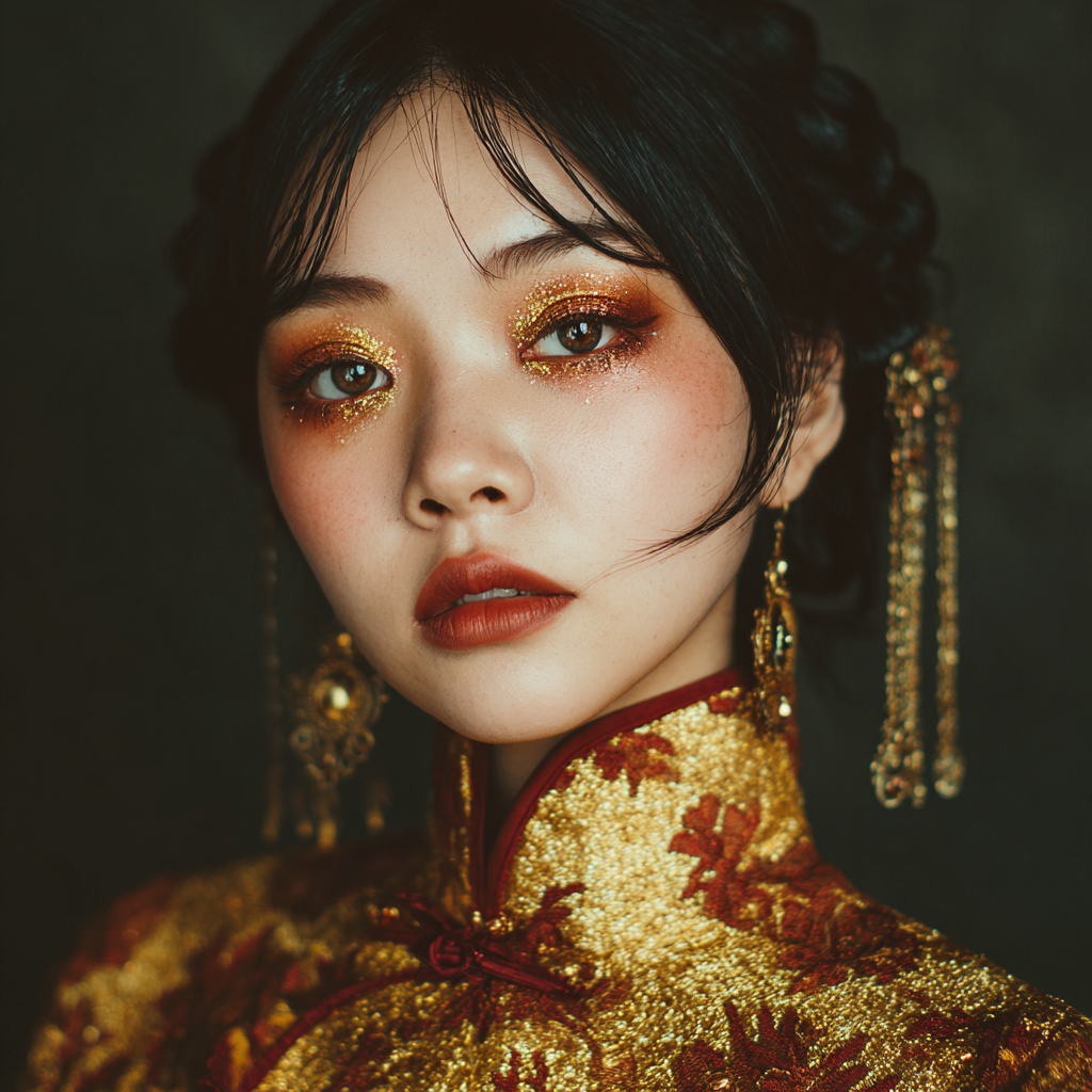 A beautiful 18 year old Chinese woman with Mooncake makeup with golden and red eyeshadows.