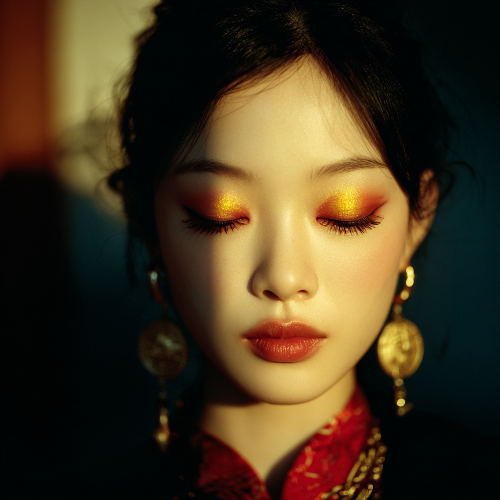 A beautiful 18 year old Chinese woman with Mooncake makeup with golden and red eyeshadows.