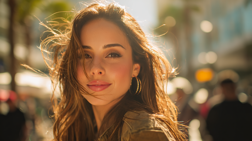 A lifestyle photo of a woman with fresh, radiant Brazilian-style makeup--glowing skin, subtle highlight, glossy lips, and a relaxed smile--walking through a sunny city street or beach promenade, casual outfit, natural light, warm and inviting mood.