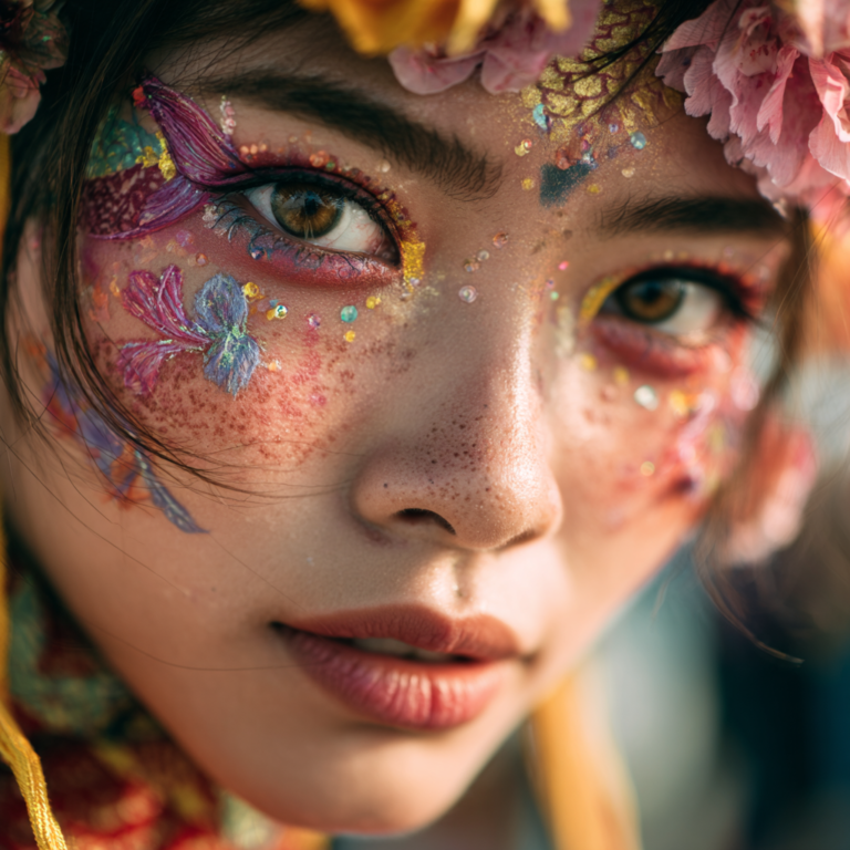 A young beautiful Chinese woman slightly smiling at the camera with Dragon Boat Festival makeup with colorful eyeshadow and floral accents.