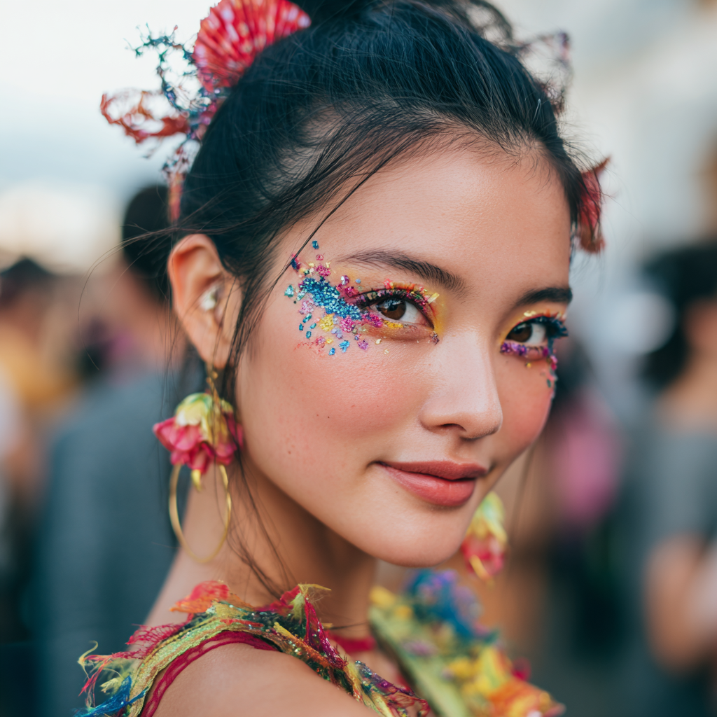 A young beautiful Chinese woman slightly smiling at the camera with Dragon Boat Festival makeup with colorful eyeshadow and floral accents.