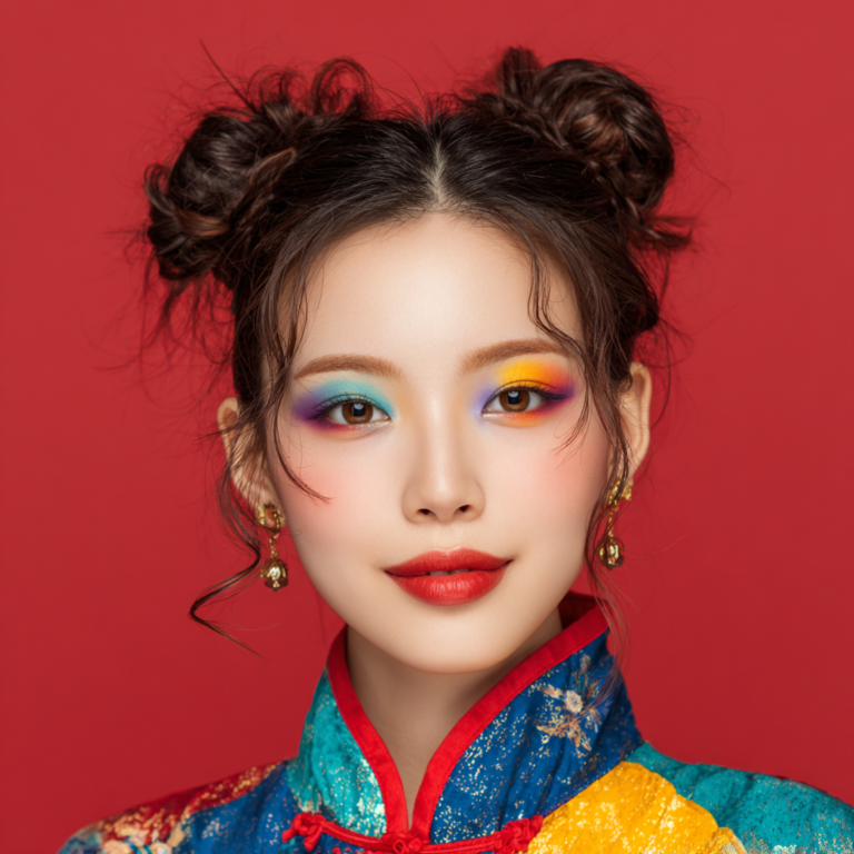 A young beautiful Chinese woman slightly smiling at the camera with Vibrant Spring Festival makeup with colorful eyes.