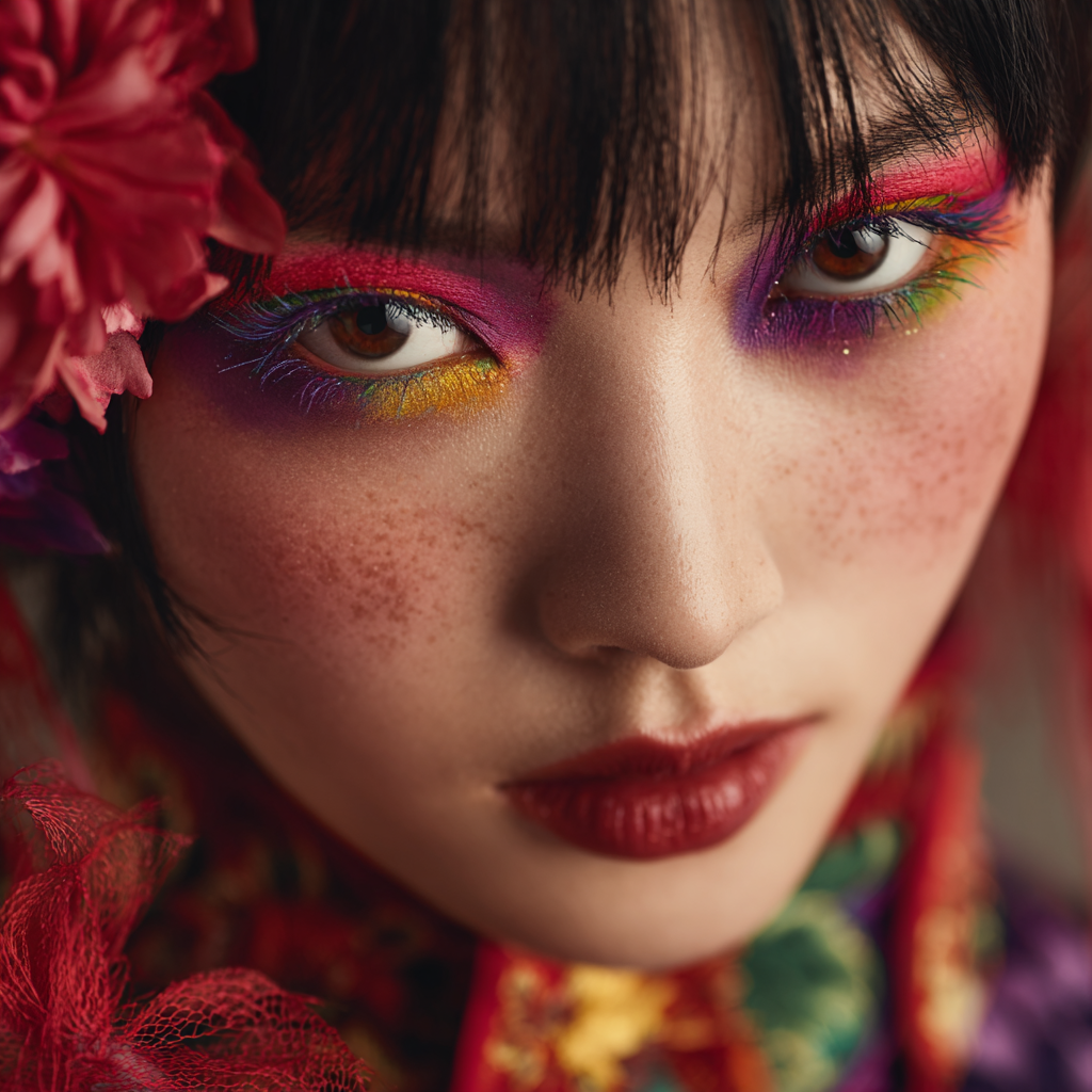 A young beautiful Chinese woman slightly smiling at the camera with Vibrant Spring Festival makeup with colorful eyes.