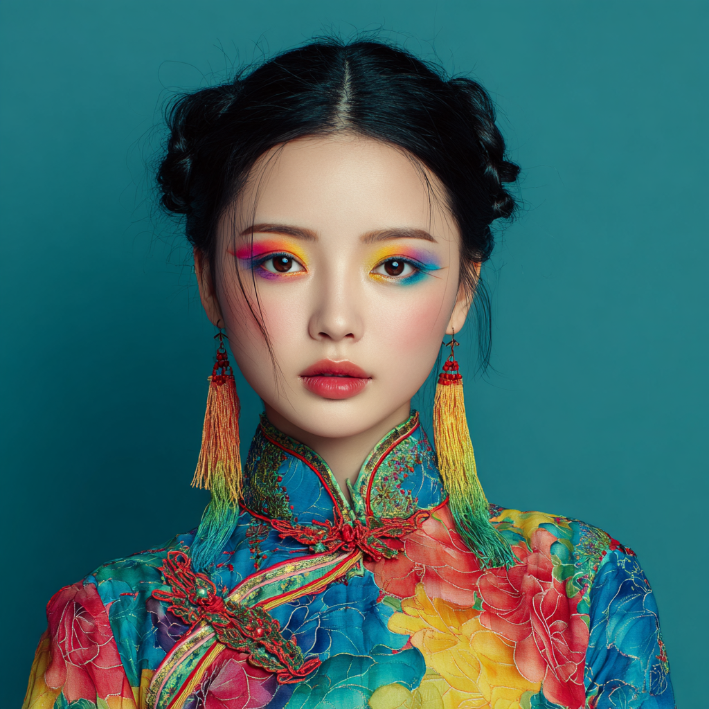 A young beautiful Chinese woman slightly smiling at the camera with Vibrant Spring Festival makeup with colorful eyes.