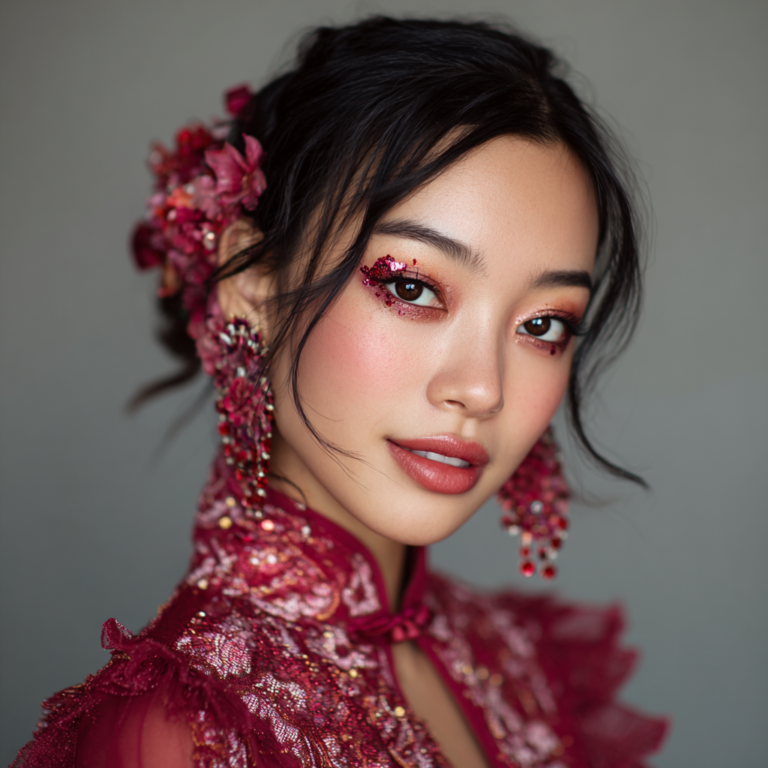 A young beautiful Chinese woman slightly smiling with New Year's Day makeup inspiration with festive elements.