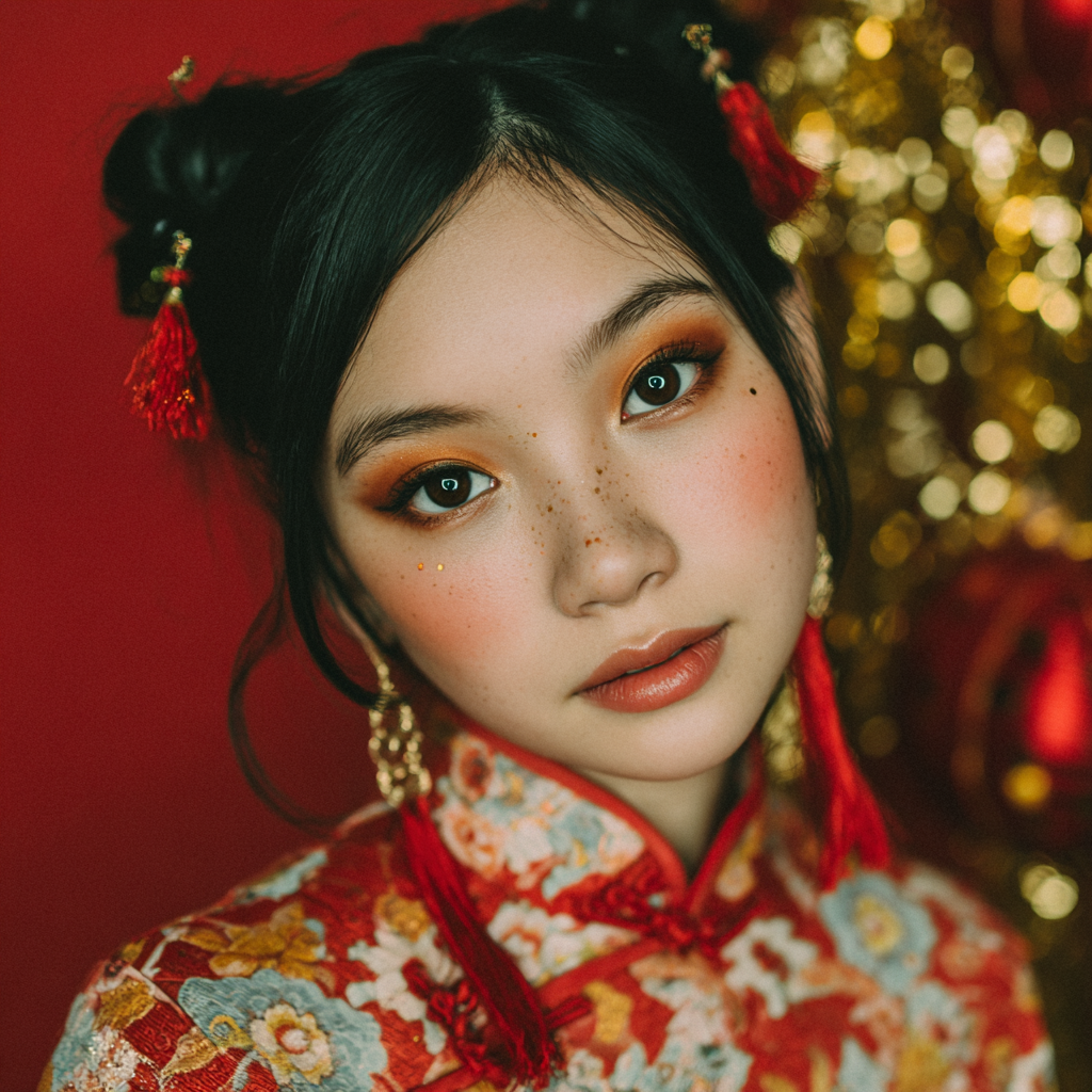 A young beautiful Chinese woman slightly smiling with New Year's Day makeup inspiration with festive elements.