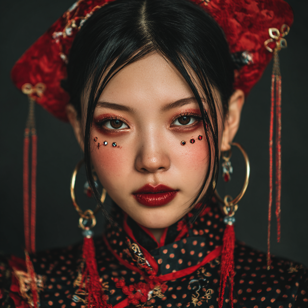 A young beautiful Chinese woman slightly smiling with New Year's Day makeup inspiration with festive elements.