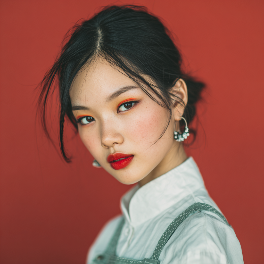 A young beautiful Chinese woman with a slight smile with Chinese Labor Day makeup look with soft eyes and glossy lips.