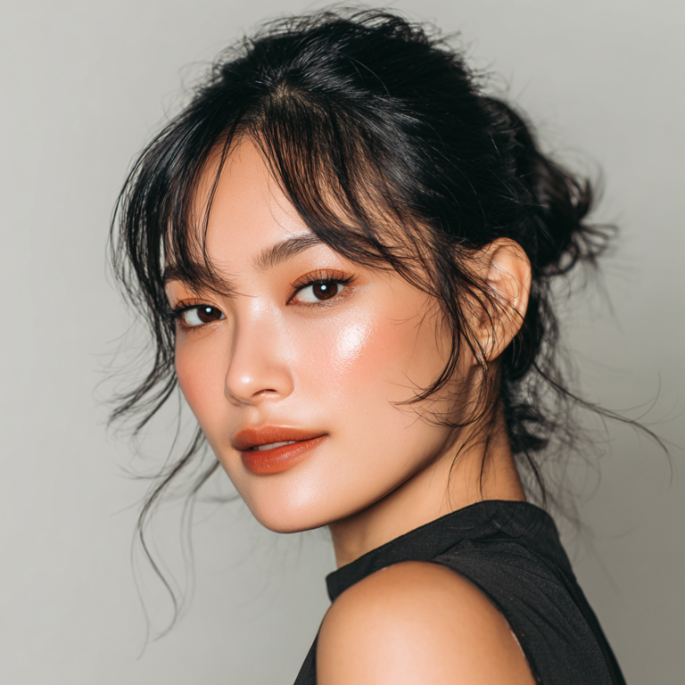 A young beautiful Chinese woman with a slight smile with Chinese Labor Day makeup look with soft eyes and glossy lips.