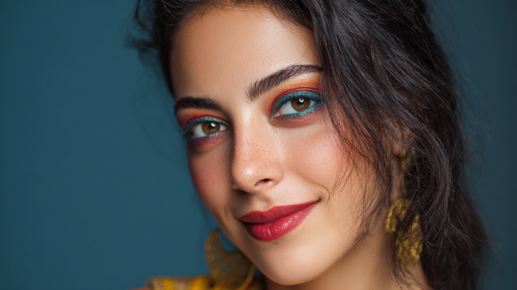 A young beautiful Turkish woman with a slight smile with Turkish color makeup look with colorful eyes and red lips.