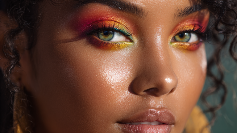 Vibrant Brazilian makeup Woman with vibrant green and blue eyeshadow, glowing skin.