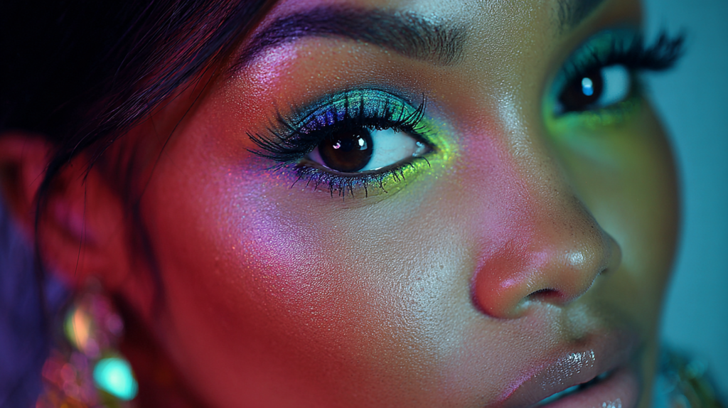Vibrant Brazilian makeup with glowing skin and colorful eyes.