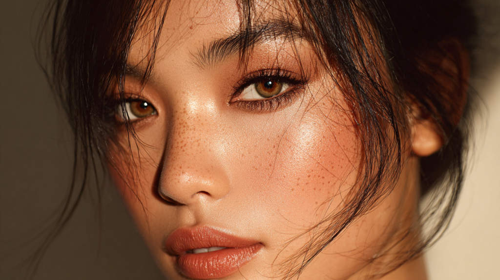 Woman with flawless Vietnamese makeup and dewy skin.
