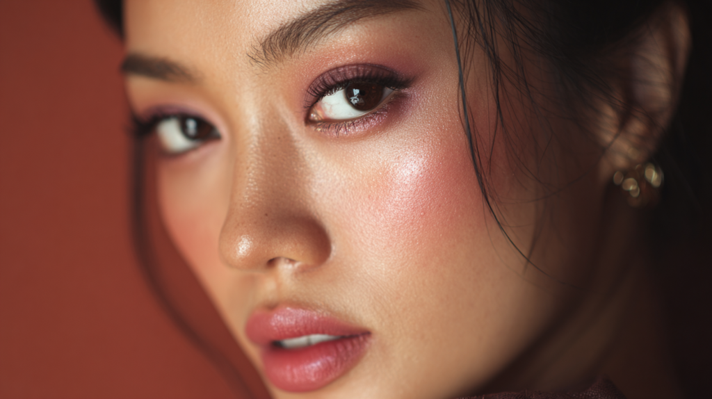 Woman with flawless Vietnamese makeup and dewy skin.