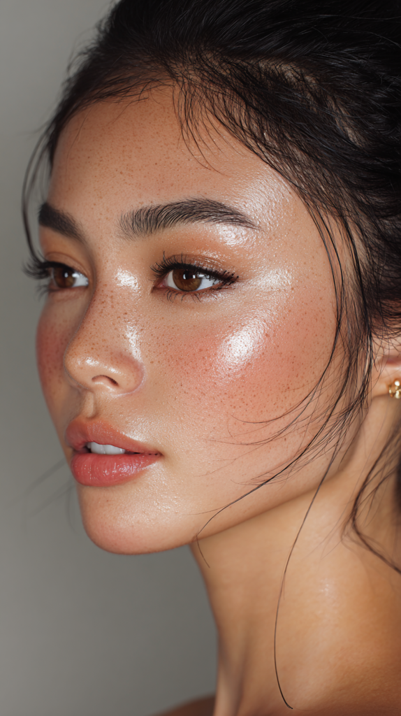 Woman with flawless Vietnamese makeup and dewy skin.