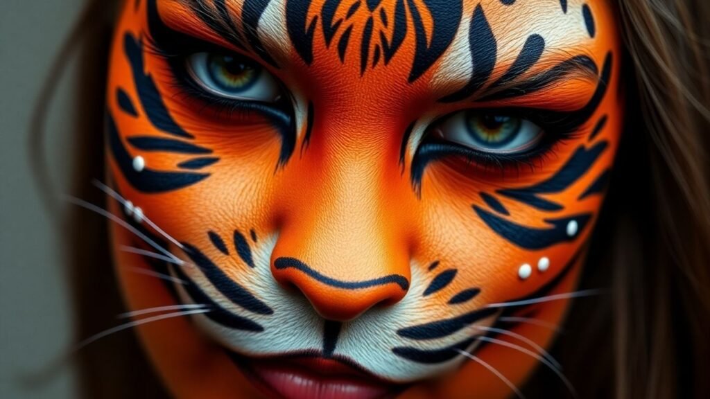 Fierce tiger makeup with bold stripes around the eyes.