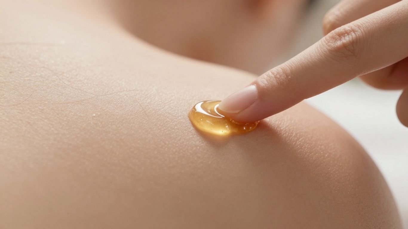 Sugaring paste on fingertip near smooth skin.