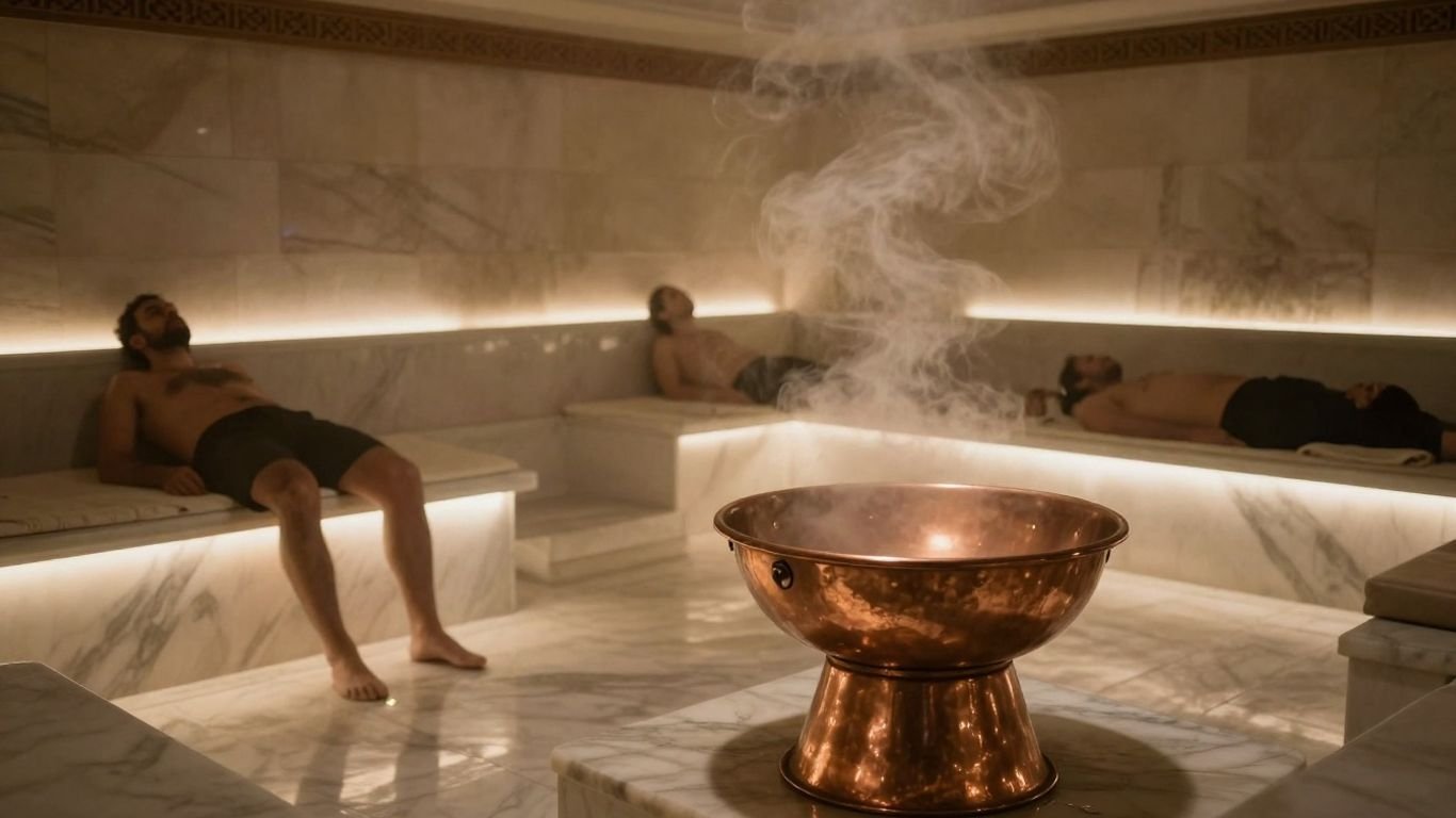 Steamy Turkish hammam interior with marble and copper basin.