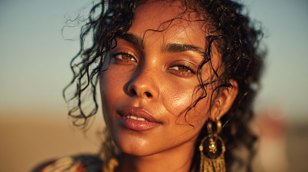 Woman with dewy skin and natural makeup