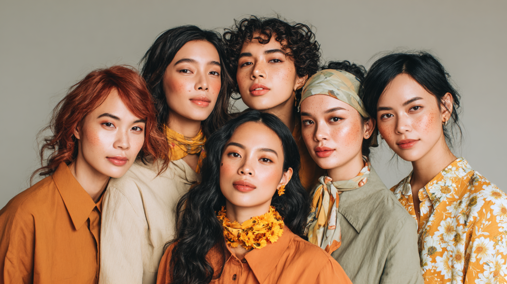 A diverse group of Vietnamese models with varying skin tones, genders, and facial features wearing modern, inclusive makeup looks. Natural brows, lightweight skin tints, soft eyeliner, and hydrated lips. Emphasis on individuality, confidence, and authenticity. Contemporary studio lighting, minimalist styling, neutral backgrounds with subtle cultural Vietnamese design elements. Editorial fashion photography, inclusive beauty, holistic makeup trends for 2026.