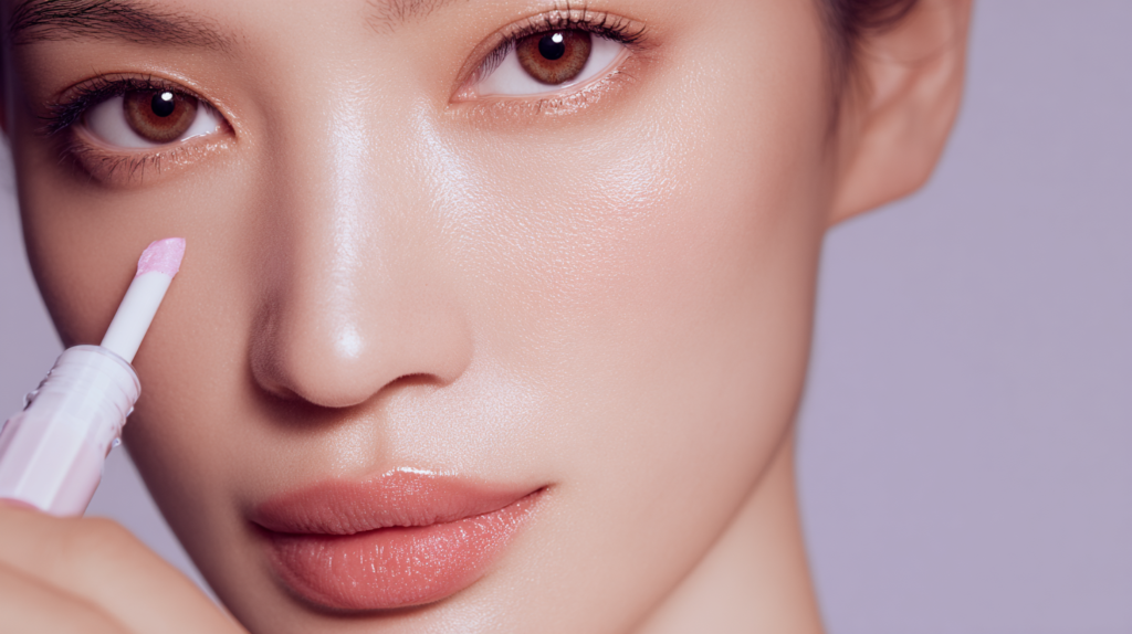 A futuristic beauty close-up of a Vietnamese model applying skincare-infused makeup products—serum foundation, lip oils, and glow-enhancing balms. Dewy, healthy complexion with a soft natural glow. Clean packaging displayed subtly in frame. Cool pastel color palette, modern cosmetic lab aesthetic, soft reflections, high-detail macro photography. Innovative Vietnamese makeup trends, clean beauty technology, 2026.
