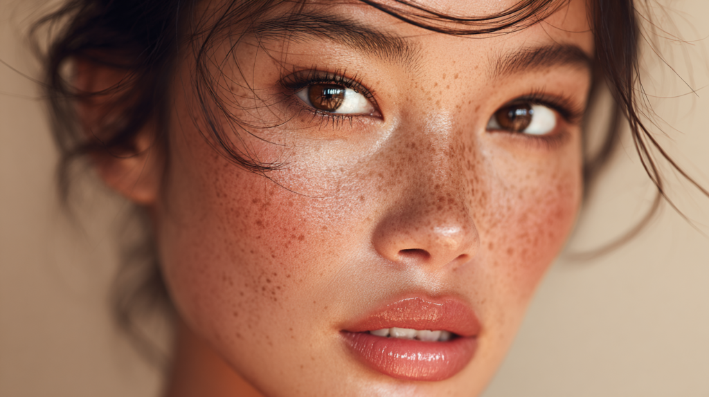 A high-fashion editorial portrait of a Vietnamese woman with radiant, glass-skin makeup, minimal foundation, soft peach blush, and natural glossy lips. Focus on healthy, luminous skin with visible texture, subtle freckles, and skincare-infused makeup aesthetics. Neutral earthy tones, soft daylight, and a modern Vietnamese urban backdrop. Clean beauty, fresh, effortless elegance, ultra-realistic photography, shallow depth of field, 2026 beauty trend.