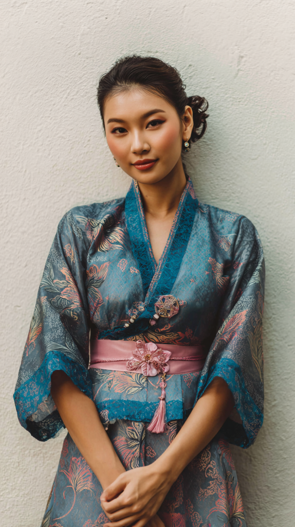 Full body shot of a beautiful Singaporean Woman with natural makeup, dewy skin, and subtle blush. Wearing traditional Singaporean dress.