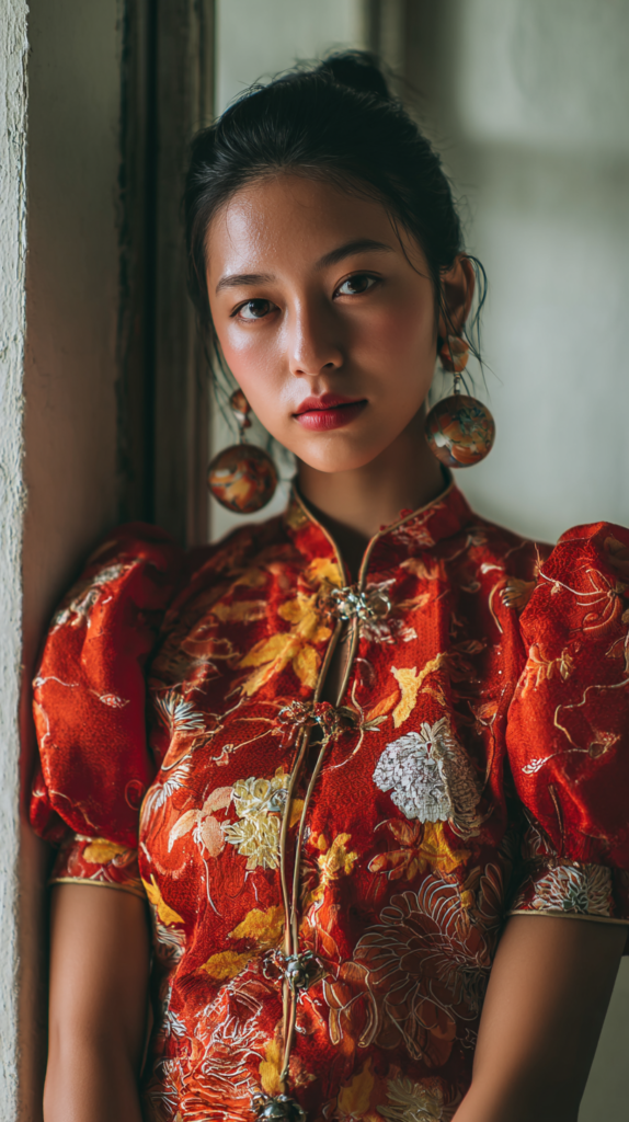 Full body shot of a beautiful Singaporean Woman with natural makeup, dewy skin, and subtle blush. Wearing traditional Singaporean dress.