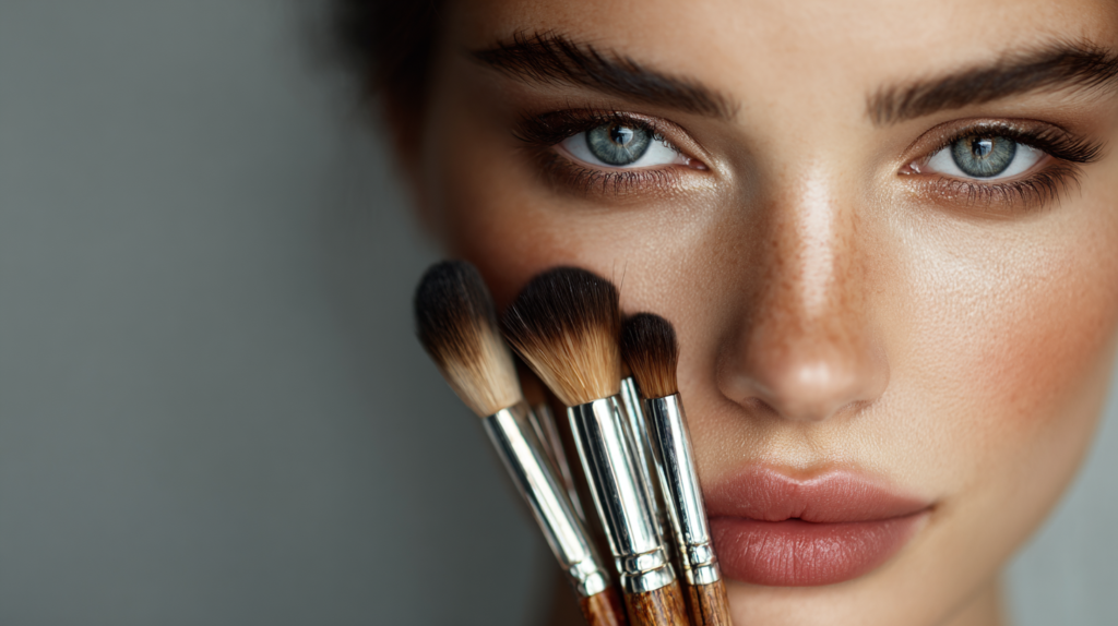 Magazine cover quality picture of a beautiful woman holding makeup brushes next to her face.