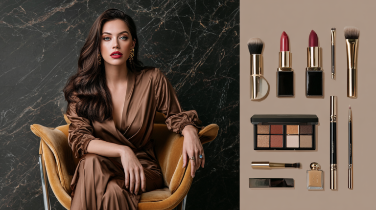 Magazine cover quality picture of a beautiful woman sitting in front of a makeup chair with Makeup essentials for a flawless base.