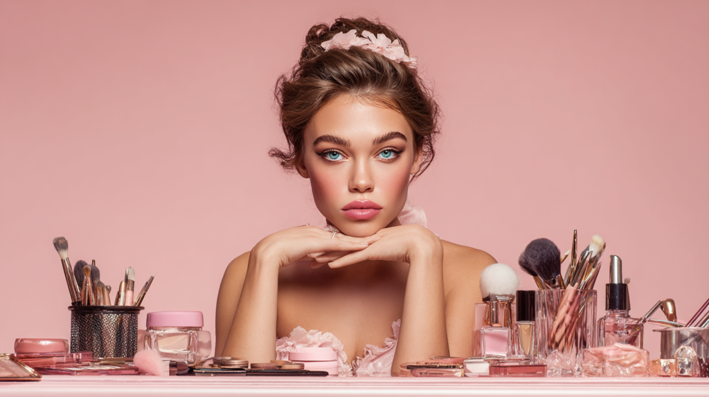 Magazine cover quality picture of a beautiful woman sitting in front of a makeup chair with Makeup essentials for a flawless base.